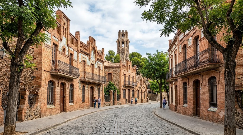 Street in Colònia Güell lined with modernista brick buildings in Santa Coloma de Cervelló