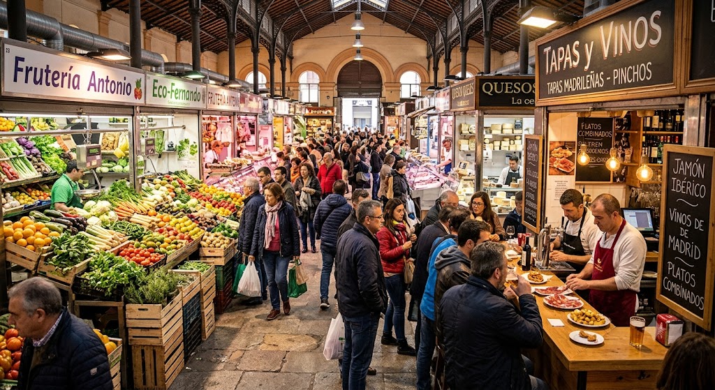 Interior food stalls at Mercado de San Fernando in Madrid