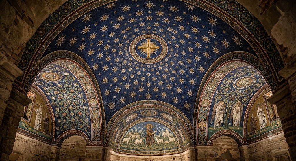 Blue mosaic ceiling with golden stars inside the Mausoleum of Galla Placidia in Ravenna