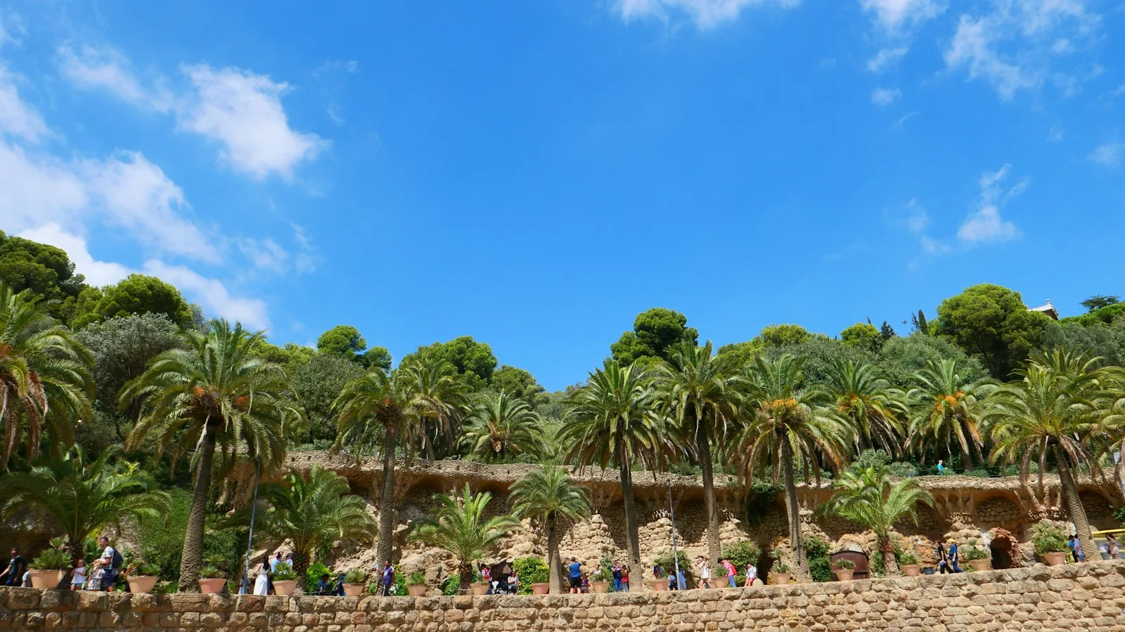 Interior view of the Hypostyle Room at Park Güell with its rows of stone columns