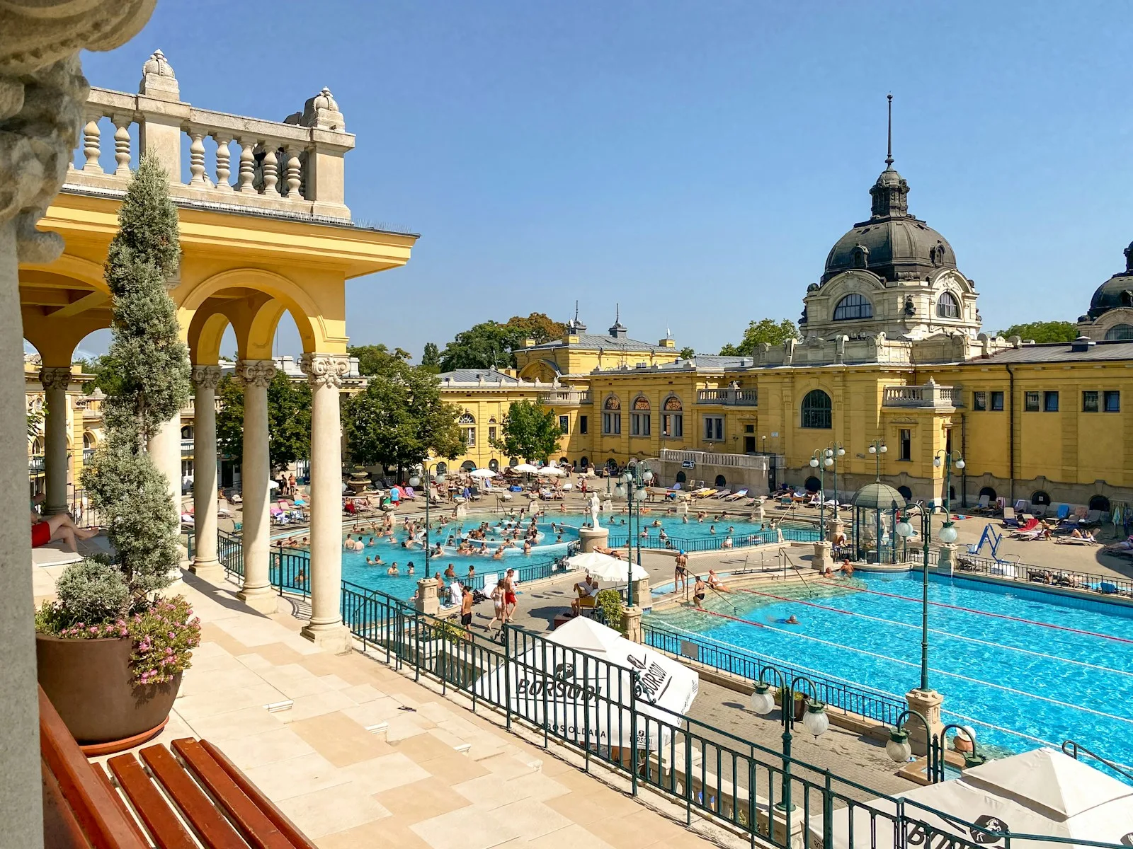 Outdoor pools at Széchenyi Thermal Bath in Budapest during summer